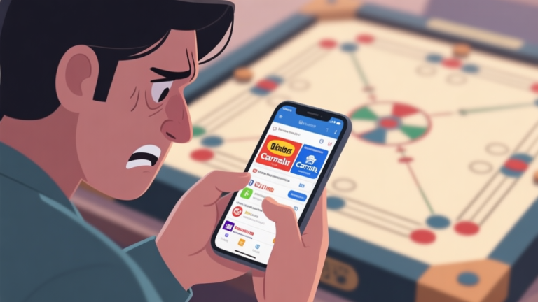 自动生成图片: A frustrated person looking at a mobile phone screen cluttered with pop-up ads, with a Carrom board blurred in the background, soft muted color palette high quality illustration, detailed, 16:9