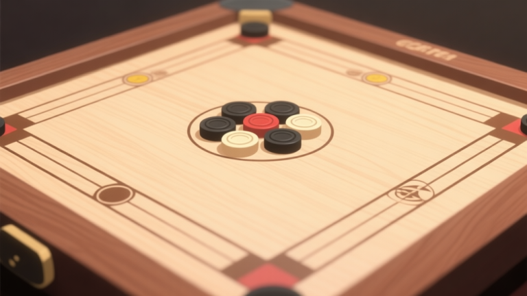 自动生成图片: A top-down view of a Carrom board with pieces in starting position, soft lighting, clean wooden texture, minimalist style high quality illustration, detailed, 16:9