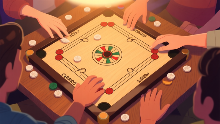 自动生成图片: A top-down view of a Carrom board in a warm, social setting, with hands reaching in to play, soft lighting, wooden texture, and scattered pieces, evoking a sense of community and friendly competition high quality illustration, detailed, 16:9