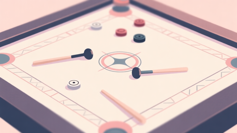 自动生成图片: A serene, minimalist illustration of a carrom board viewed from above, with a few strikers and pieces scattered, soft pastel colors, shallow depth of field, evoking a sense of calm focus high quality illustration, detailed, 16:9