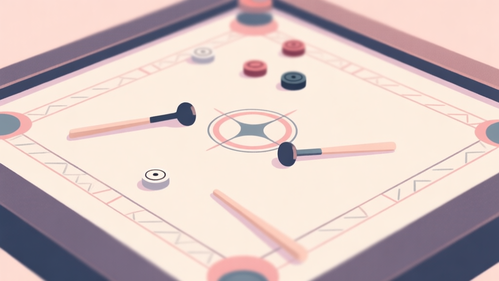 A serene, minimalist illustration of a carrom board viewed from above, with a few strikers and pieces scattered, soft pastel colors, shallow depth of field, evoking a sense of calm focus high quality illustration, detailed, 16:9