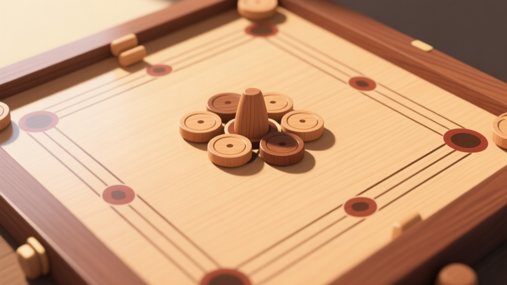 A top-down view of a Carrom board with wooden pieces arranged in the center, soft natural lighting, warm wood tones, minimalist style high quality illustration, detailed, 16:9