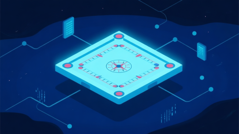自动生成图片: A minimalist digital illustration of a glowing carrom board floating in a dark blue cyberspace, with subtle connection lines and data nodes around it, flat design style high quality illustration, detailed, 16:9