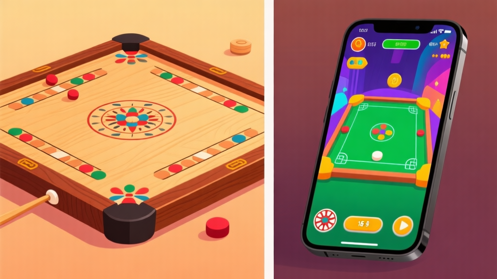 A split-screen illustration showing a traditional wooden carrom board on one side and a sleek smartphone displaying a vibrant digital carrom game on the other, symbolizing the transition from physical to digital play, using warm and inviting colors high quality illustration, detailed, 16:9