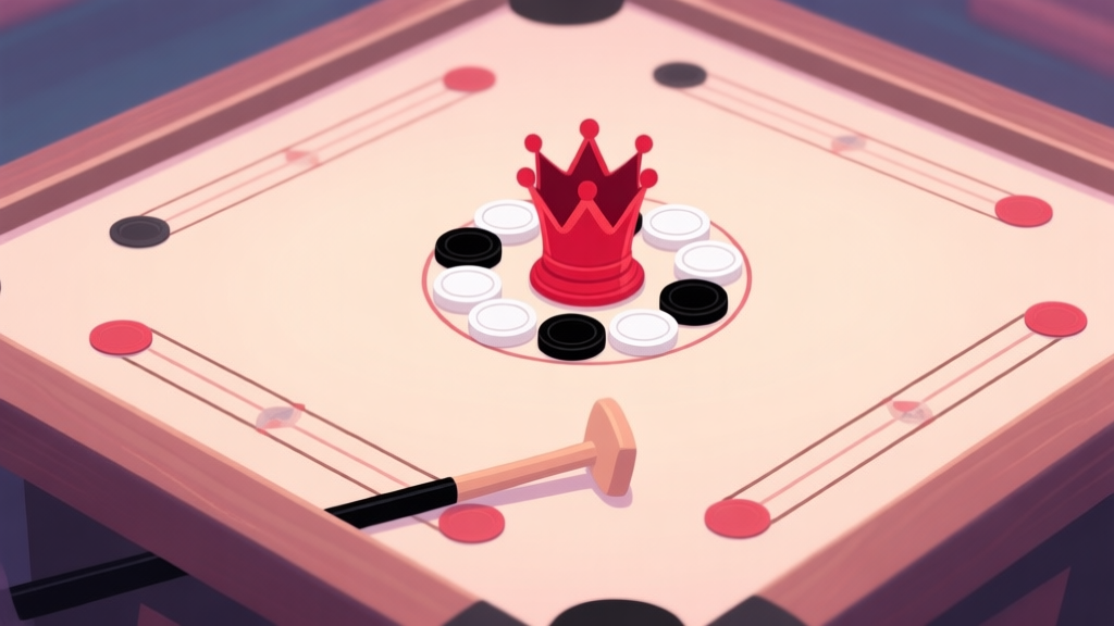 A top-down view of a Carrom board set up for the start of a game, showing the red queen in the center surrounded by white and black coins in a circle, with a striker placed at the baseline, soft lighting, pastel colors high quality illustration, detailed, 16:9
