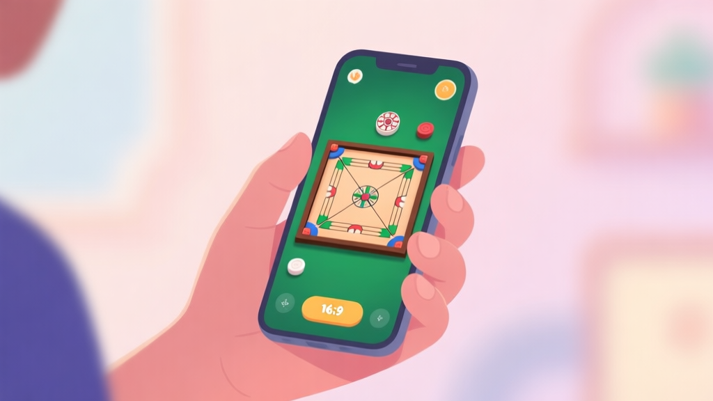A serene digital illustration of a hand holding a smartphone showing a carrom board game interface, soft pastel background with blurred elements, conveying a sense of calm and focus high quality illustration, detailed, 16:9