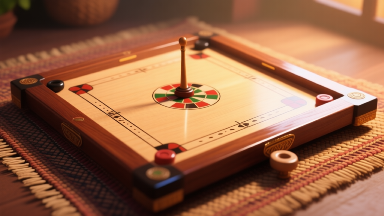 自动生成图片: A beautifully lit, close-up shot of a classic wooden carrom board in Indonesia, with polished surface and traditional striker, placed on a woven tikar mat in a warm, ambient light setting, soft color palette high quality illustration, detailed, 16:9