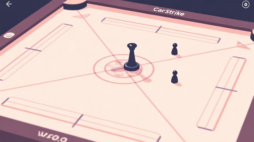 A clean, minimalist top-down view of a Carrom Strike digital board interface, showing the striker, queen, and pawns in their starting positions, with subtle grid lines and angle indicators, soft pastel color scheme high quality illustration, detailed, 16:9