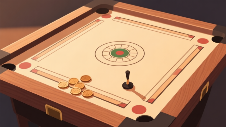 自动生成图片: A top-down view of a carrom board with proper lighting, a striker positioned correctly at the baseline, and a few coins neatly arranged, in a minimalist illustration style with soft shadows and warm wood tones high quality illustration, detailed, 16:9