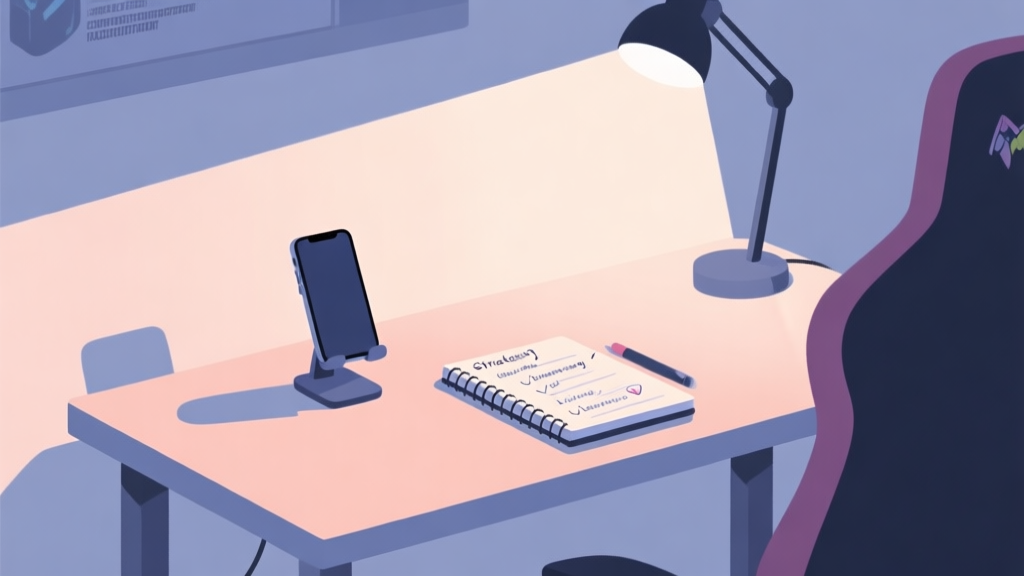 A minimalist illustration of a gamer's setup for online competition, showing a stable desk with a smartphone on a stand, good lighting, and a notebook with strategy notes, in a calm and focused atmosphere, soft color palette high quality illustration, detailed, 16:9