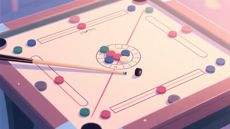 自动生成图片: A top-down view of a carrom board with pieces properly arranged, a striker placed on the starting line, and a cue stick positioned correctly, soft lighting, pastel color scheme high quality illustration, detailed, 16:9