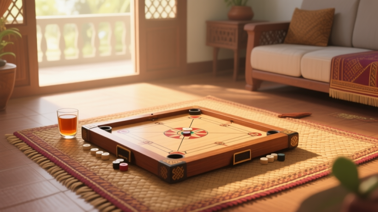 自动生成图片: A warm, inviting scene of a traditional wooden carrom board being played on a woven mat (tikar) in a Indonesian living room, soft afternoon light filtering through the window, with a glass of tea nearby, in a soft, realistic illustration style high quality illustration, detailed, 16:9