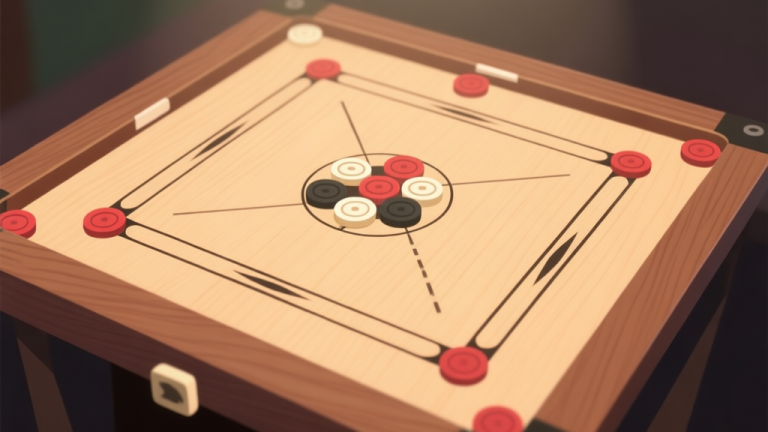 自动生成图片: A top-down view of a Carrom board with pieces neatly arranged, soft lighting, wooden texture, minimalist style high quality illustration, detailed, 16:9