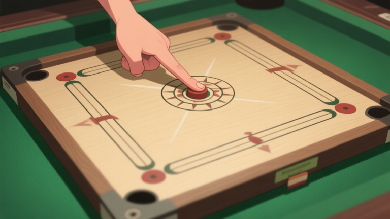 自动生成图片: A top-down view of a carrom board with a beginner's hand positioned incorrectly for a strike, soft lighting, muted colors of wood and green felt, focusing on the awkward finger placement high quality illustration, detailed, 16:9