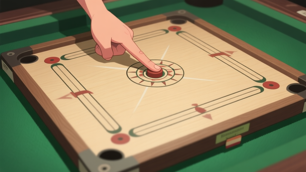 A top-down view of a carrom board with a beginner's hand positioned incorrectly for a strike, soft lighting, muted colors of wood and green felt, focusing on the awkward finger placement high quality illustration, detailed, 16:9