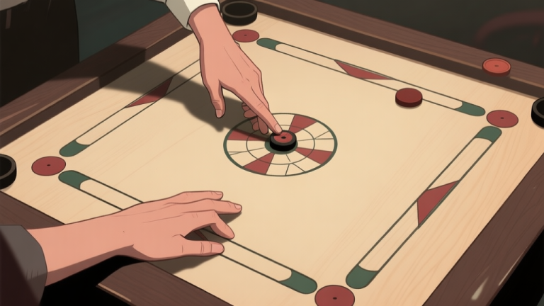 自动生成图片: A top-down view of a Carrom board with two hands in focus, one poised to strike with confidence, the other slightly hesitant near the edge, soft shadows and muted wood tones, conveying tension and strategy high quality illustration, detailed, 16:9