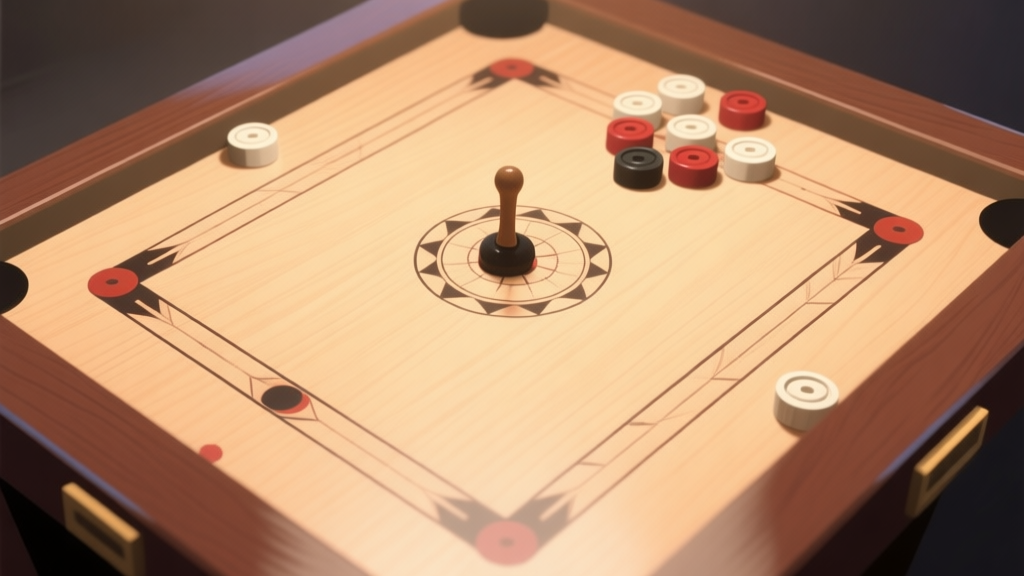 Top-down view of a classic carrom board with striker and pieces neatly arranged, soft lighting, clean wooden texture, minimalist style high quality illustration, detailed, 16:9