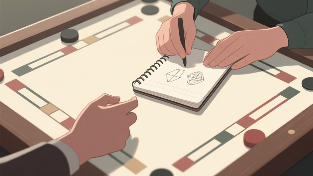 Two pairs of hands on a carrom board, one pair strategizing over a notebook with simple diagrams, soft natural lighting, muted colors high quality illustration, detailed, 16:9
