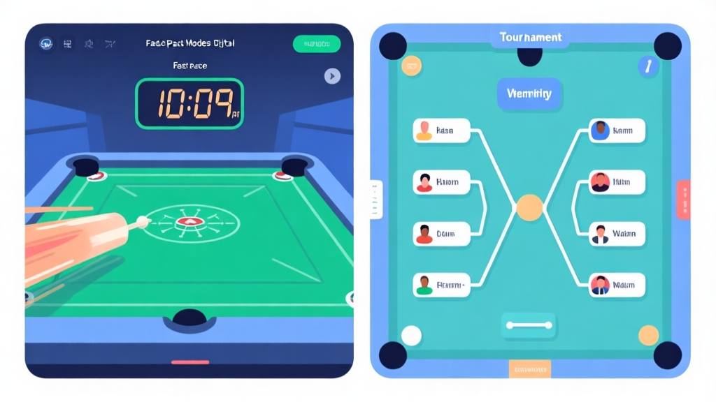 Split-screen illustration comparing two carrom game modes. Left side shows a fast-paced digital match with a timer counting down, simple UI. Right side shows a detailed tournament bracket with multiple player names, calm atmosphere. Soft blue and green color scheme, flat design. high quality illustration, detailed, 16:9