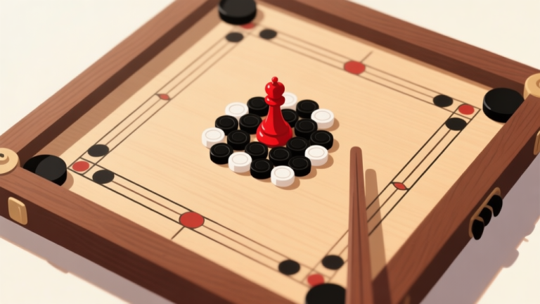 自动生成图片: A top-down view of a classic wooden Carrom board, with black and white carrom men neatly arranged in the center, a red queen piece prominent, and a striker at the edge, soft natural lighting, minimalist style high quality illustration, detailed, 16:9