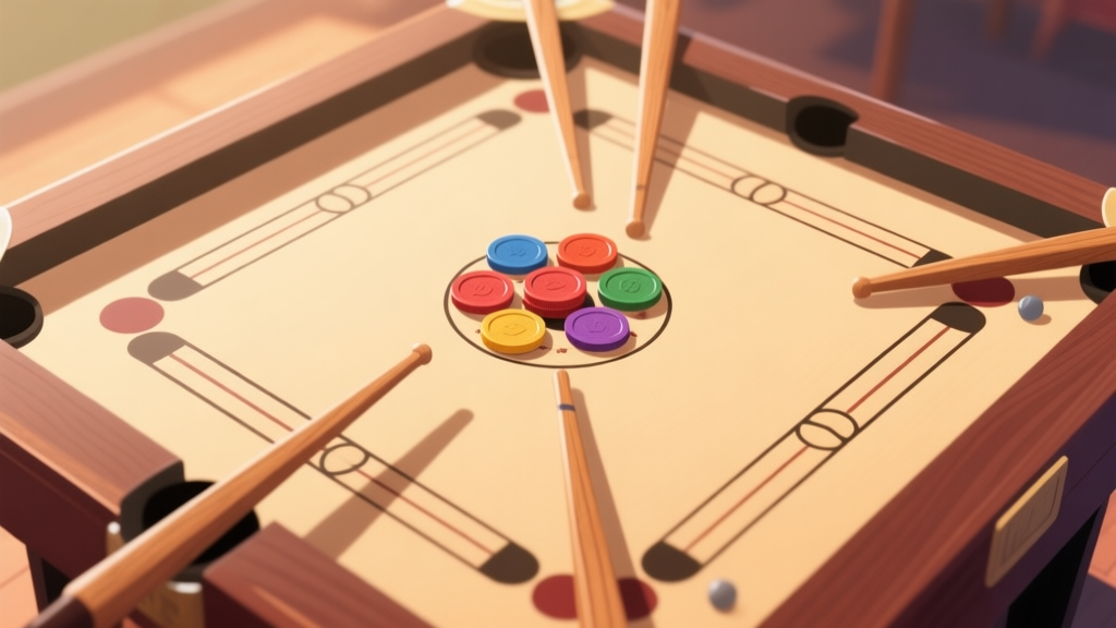 A top-down view of a classic carrom board in a warm, inviting setting, with wooden strikers and colored coins arranged in the center, soft natural lighting, minimalist style high quality illustration, detailed, 16:9