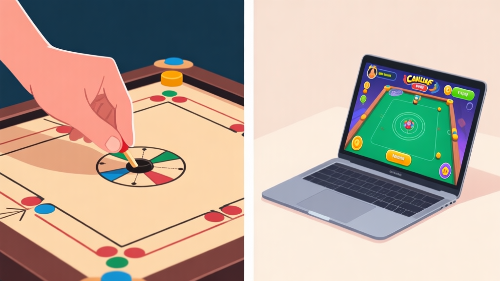 A split-screen illustration showing a hand holding a striker on a physical carrom board on one side, and a sleek laptop displaying a vibrant online carrom game interface on the other, in a soft, neutral color palette high quality illustration, detailed, 16:9