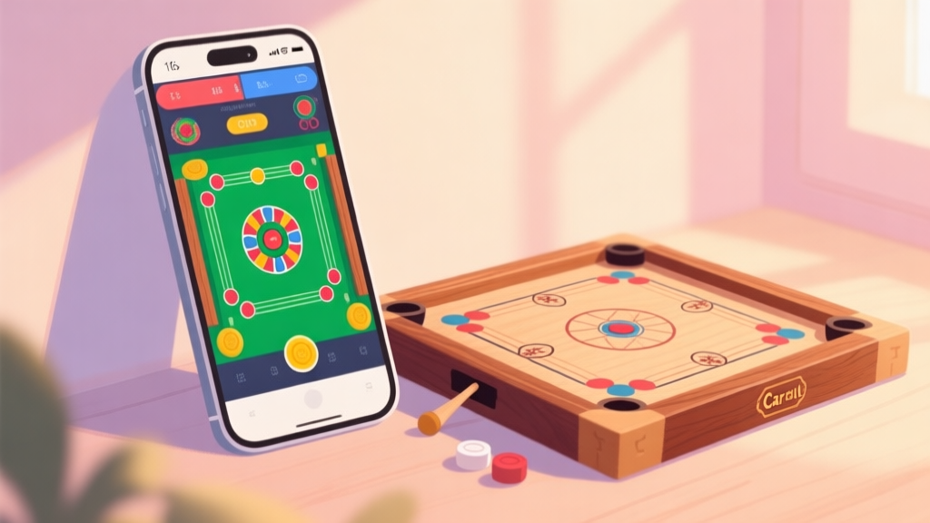 A cozy, warm illustration of a smartphone screen showing a vibrant digital Carrom board game, placed next to a traditional wooden Carrom board, soft natural lighting, pastel color palette high quality illustration, detailed, 16:9