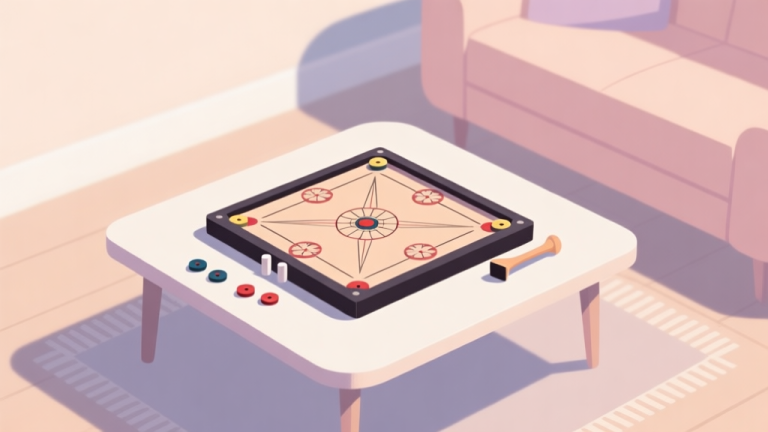 自动生成图片: A minimalist flat-lay of a compact carrom board, striker, and pieces arranged neatly on a small coffee table, soft natural lighting, pastel color scheme high quality illustration, detailed, 16:9
