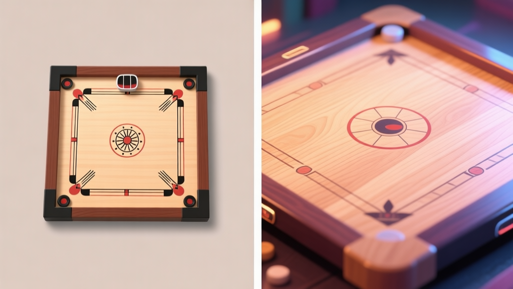 A split-screen comparison showing a classic carrom board with simple graphics on the left, and a modern, high-definition carrom board with detailed wood texture and lighting effects on the right, soft color palette high quality illustration, detailed, 16:9