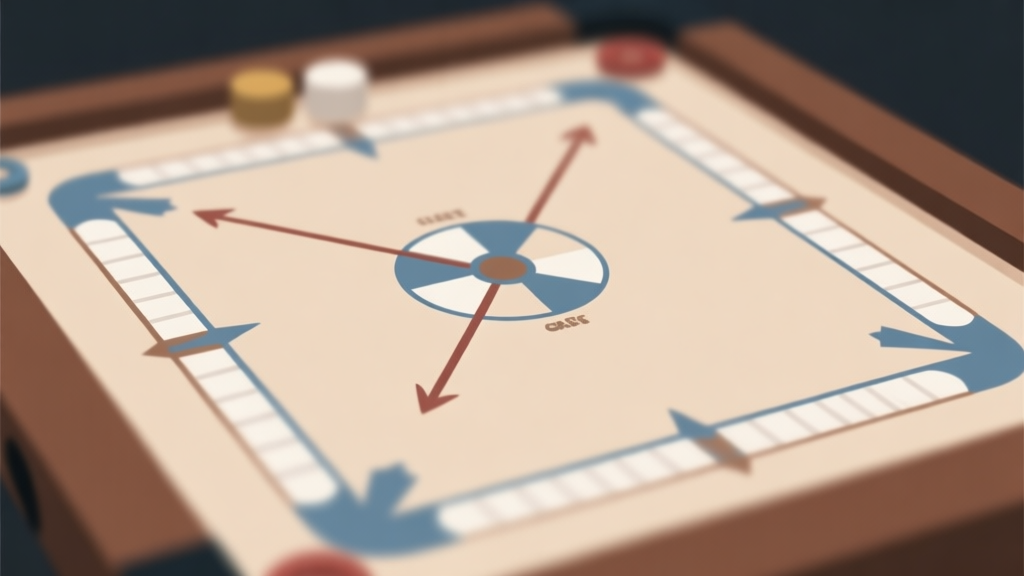 A top-down view of a Carrom board in soft focus, with strategic lines and arrows overlayed in a minimalist style, indicating shot paths and positioning, using a muted color palette of browns, blues, and whites high quality illustration, detailed, 16:9