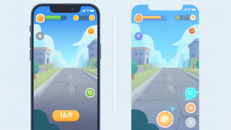 自动生成图片: A split-screen illustration showing a standard mobile game interface on one side and a modified version with visual enhancements on the other, using a soft color palette of blues and greys high quality illustration, detailed, 16:9