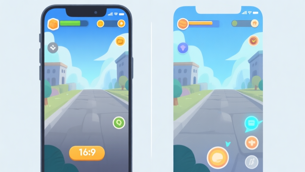 A split-screen illustration showing a standard mobile game interface on one side and a modified version with visual enhancements on the other, using a soft color palette of blues and greys high quality illustration, detailed, 16:9