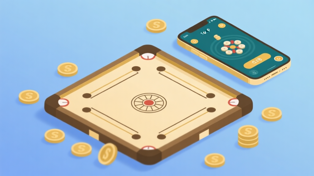 A clean, minimalist illustration of a Carrom board with virtual coins scattered around it, a smartphone showing the game interface in the background, soft gold and blue color scheme, flat design high quality illustration, detailed, 16:9