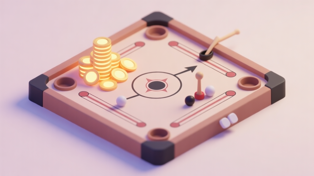 A minimalist isometric illustration of a Carrom board with a pile of glowing coins on one side and various game elements like strikers and pockets on the other, connected by a flowing arrow, soft pastel color palette high quality illustration, detailed, 16:9