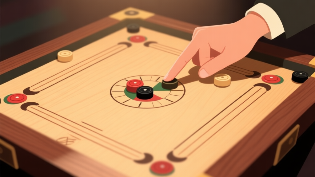 A top-down view of a carrom board with pieces neatly arranged, soft lighting, focus on the striker and a finger poised for a shot, minimalist style with warm wood tones high quality illustration, detailed, 16:9