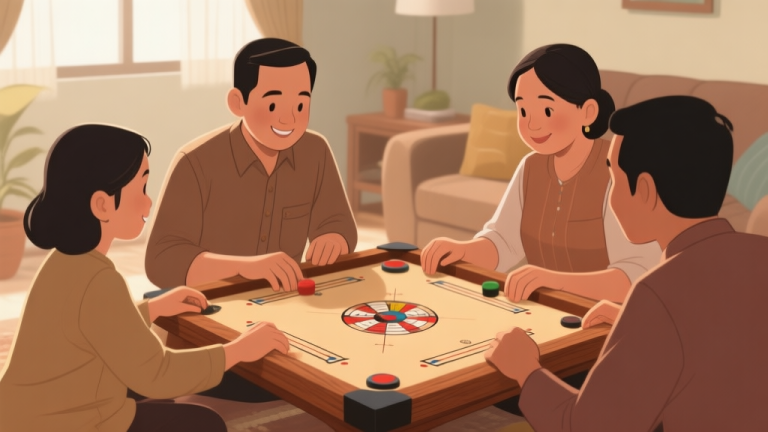 自动生成图片: A warm, inviting scene of an Indonesian family gathering around a wooden Carrom board, hands mid-play, soft natural lighting, cozy home setting, muted earth tones high quality illustration, detailed, 16:9