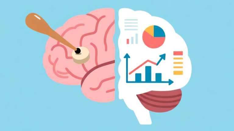 自动生成图片: A minimalist illustration of a brain divided into two halves, one side showing a carrom striker hitting a piece, the other side showing analytical charts and arrows, on a soft blue background high quality illustration, detailed, 16:9