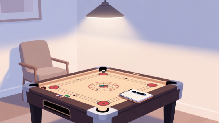 自动生成图片: A clean, well-lit indoor setup with a professional carrom board at the center, a comfortable chair, good lighting from a lamp above, and a notebook with a pen beside the board, in a minimalist style with a soft color palette high quality illustration, detailed, 16:9
