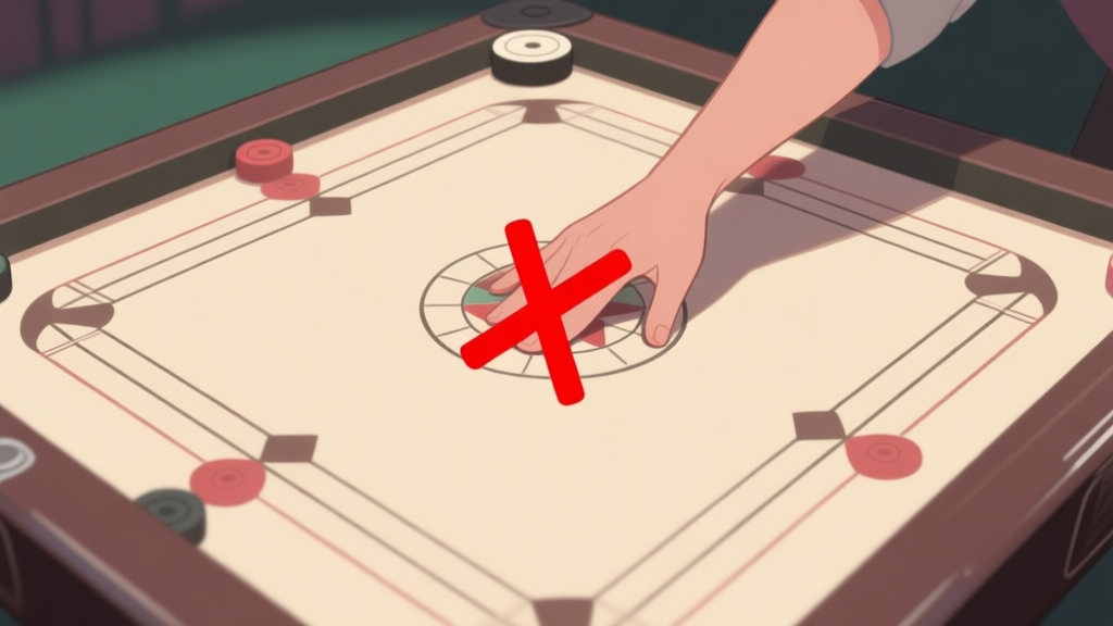 A top-down view of a carrom board with a hand positioned incorrectly for a strike, showing a faint red 'X' over the hand, soft lighting, muted colors high quality illustration, detailed, 16:9
