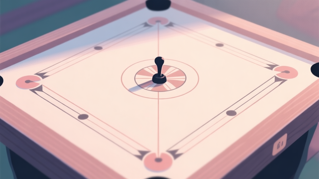 A serene, top-down view of a Carrom board with a striker perfectly aligned, soft lighting, pastel color palette, minimalist style high quality illustration, detailed, 16:9