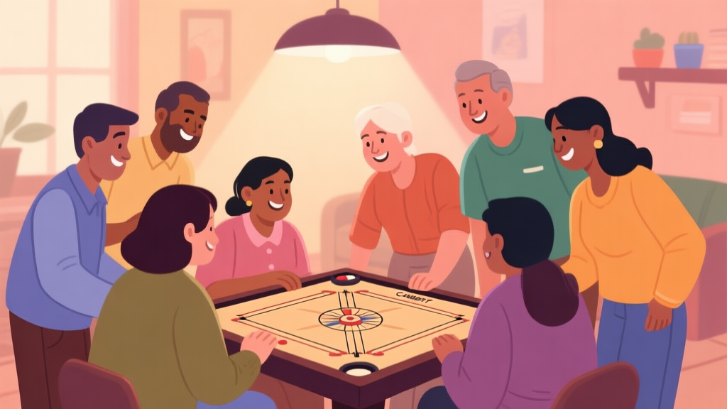 A welcoming and diverse group of people gathered around a Carrom board in a cozy community setting, soft lighting, warm and inviting color palette, flat illustration style high quality illustration, detailed, 16:9