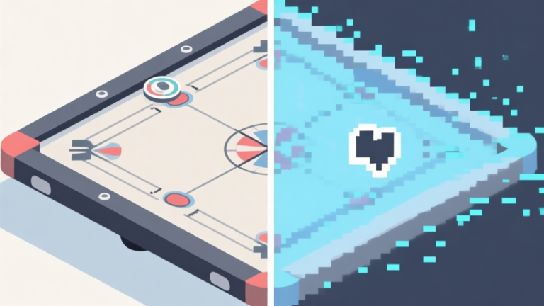 自动生成图片: A split-screen illustration showing a smooth, clear carrom board on one side and a glitchy, pixelated board with a high ping icon on the other, using a soft color palette of blues and greys high quality illustration, detailed, 16:9