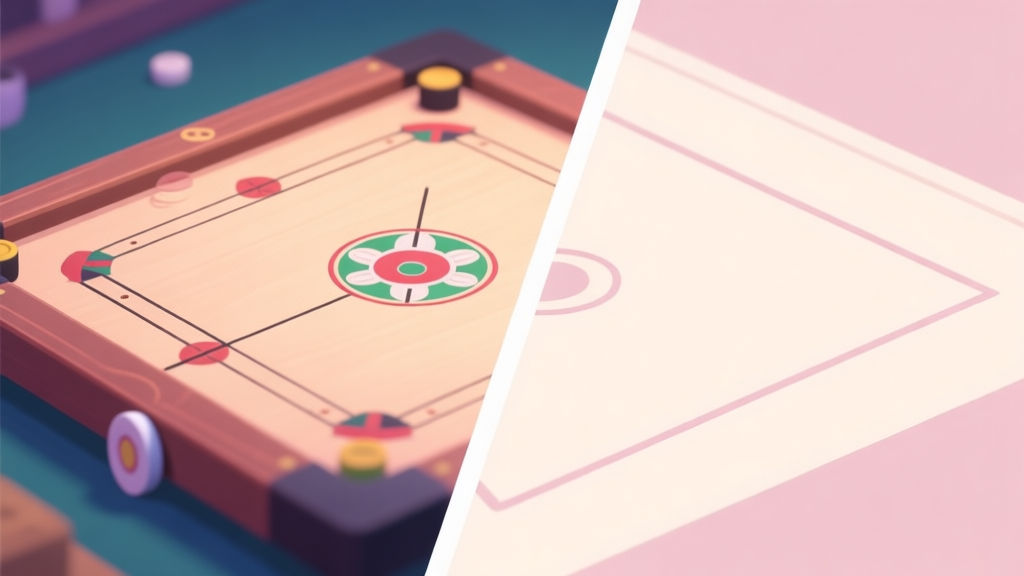 A split-screen comparison showing a detailed, high-graphics carrom board on one side and a clean, minimalist low-graphics version on the other, with smooth animation lines indicating better performance on the minimalist side, soft pastel color palette high quality illustration, detailed, 16:9