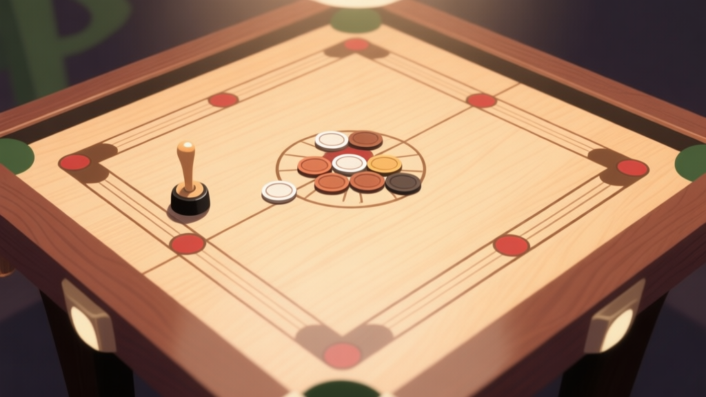 A top-down view of a carrom board perfectly set up, with striker and coins aligned, soft lighting, clean wooden texture, minimalist style high quality illustration, detailed, 16:9