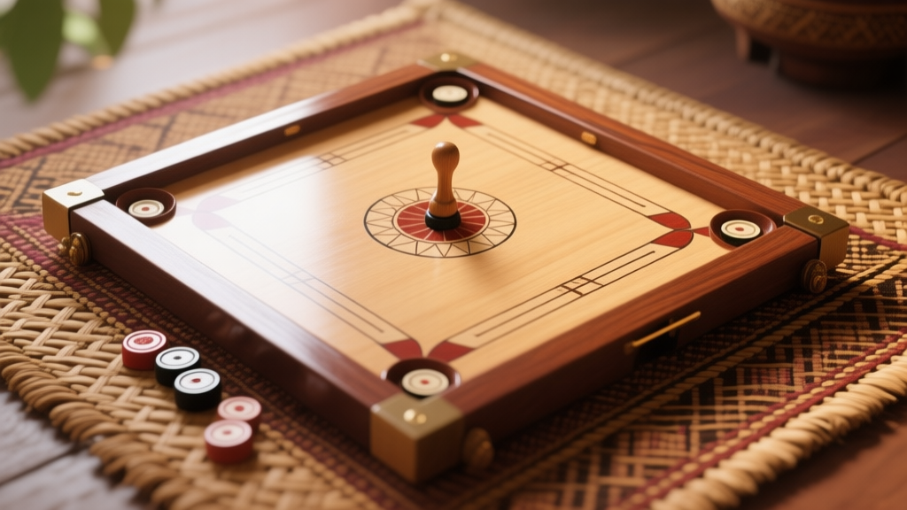 A high-quality wooden Carrom board with a smooth, glossy surface, placed on a traditional Indonesian woven mat (tikar), with a set of striker and carrom men arranged neatly, soft natural lighting high quality illustration, detailed, 16:9