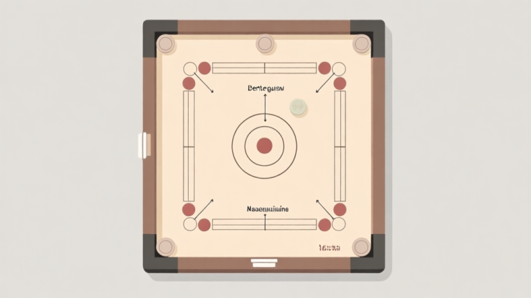 自动生成图片: A top-down view of a carrom board with simple annotations in Indonesian, showing the center circle, baseline, and corner pockets, using a soft color palette of beige and light grey high quality illustration, detailed, 16:9