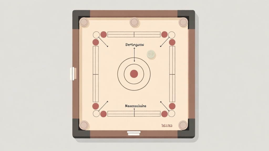 A top-down view of a carrom board with simple annotations in Indonesian, showing the center circle, baseline, and corner pockets, using a soft color palette of beige and light grey high quality illustration, detailed, 16:9