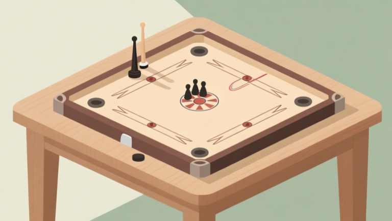 自动生成图片: A clean, minimalist flat design of a carrom board setup from a top-down view, showing the striker, queen, and pawns in their starting positions, on a wooden table with soft lighting, using a calm color palette of beige, light brown, and muted green high quality illustration, detailed, 16:9