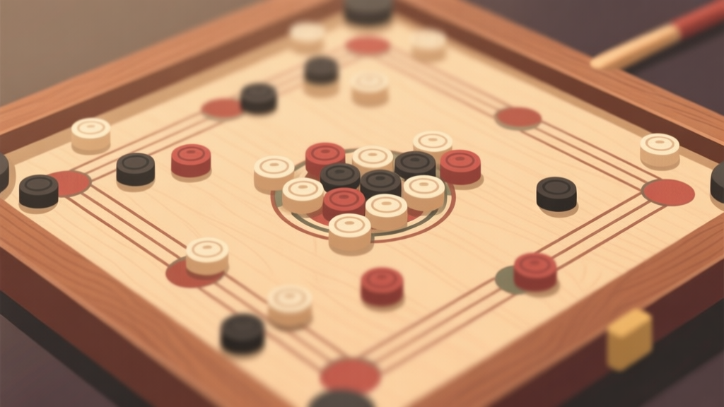 A top-down view of a carrom board with pieces in a complex mid-game arrangement, soft focus on the striker, minimalist illustration with warm wood tones and muted colors high quality illustration, detailed, 16:9