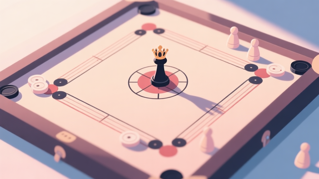 A top-down view of a carrom board with a striker, queen, and pawns neatly arranged, soft lighting, minimalist style, pastel color palette high quality illustration, detailed, 16:9